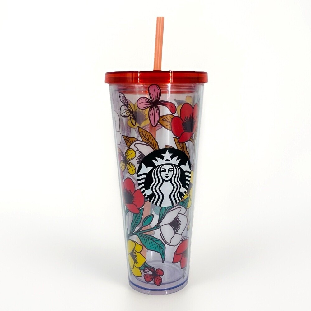 Rare Starbucks Poppy Flowers 24oz Acrylic Cold Cup Tumbler Red Lid & Straw